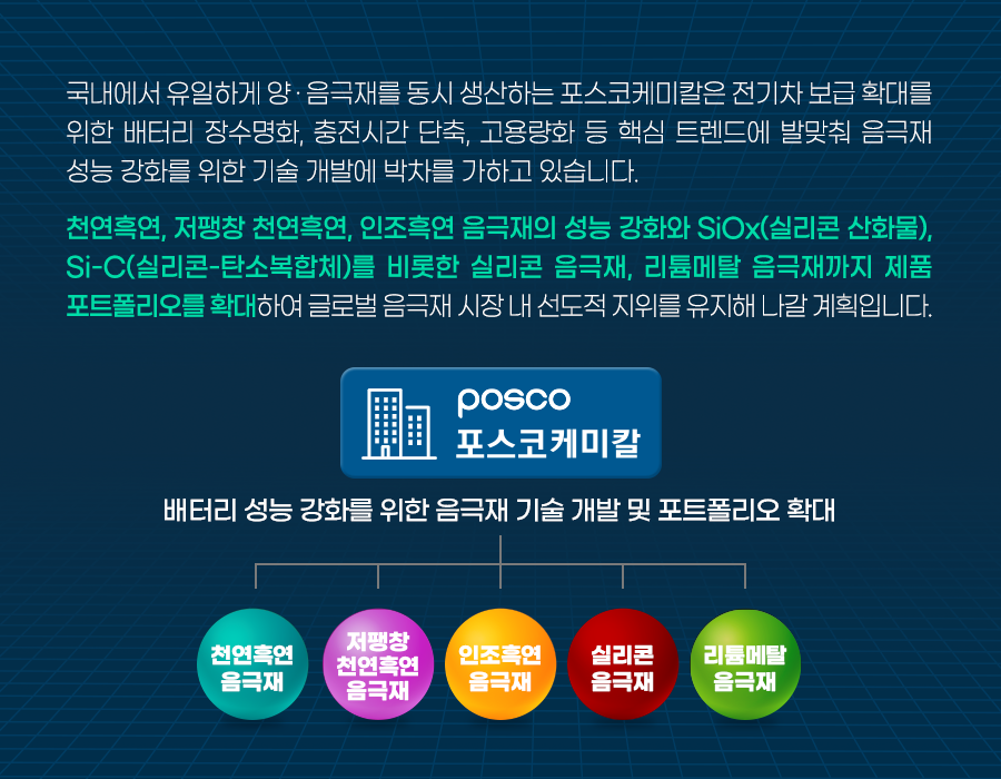 국내에서 유일하게 양.음극재를 동시 생산하는 포스코케미칼은 전기차 보급확대를 위한 배터리 장수명화, 충전시간 단축, 고용량화 등 핵심 트렌트에 발맞춰 음극재 성능 강화를 위한 기술 개발에 박차를 가하고 있습니다. 천연흑연, 저팽창 천연흑연, 인조흑연, 음극재의 성능 강화와SiOx(실리콘산화물),Si-C(실리콘-탄소복합체)를 비롯한 실리콘 음극재, 리튬메탈 음극재까지 제품 포트폴리오를 확대하여 글로벌 음극재 시장 내 선도적 지위를 유지해 나갈 계획입니다. 베터리 성능 강화를 위한 음극재 기술 개발 및 포트폴리오 확대 천연흑연음극재 , 저팽창천연흑연음극재,음조흑연음극재,실리콘음극재,리튬메칼음극재